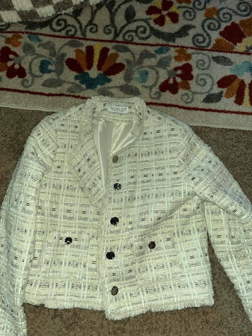 Rachel Zoe Cream Tweed Fringe Trim Button Front Jacket Size L